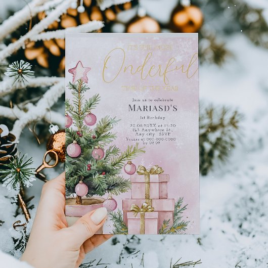 waterverf Roze Kerstboom 1e verjaardag Folie Uitnodiging