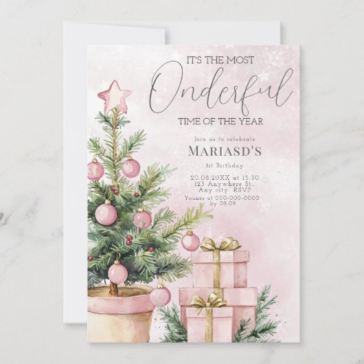 waterverf Roze Kerstboom 1e verjaardag Kaart (Voorkant)