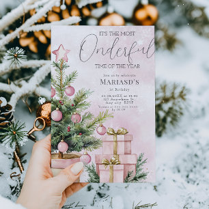 waterverf Roze Kerstboom 1e verjaardag Kaart