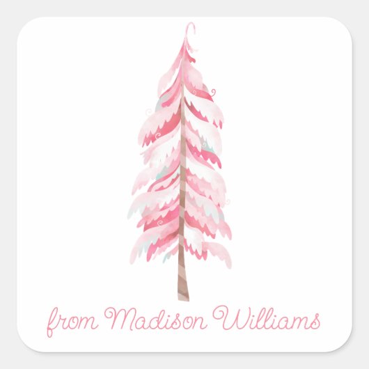 Waterverf Roze kerstboom Gift Stickers (Voorkant)