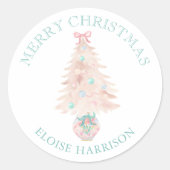 Waterverf Roze Kerstboom Grandmillennial Ronde Sticker (Voorkant)