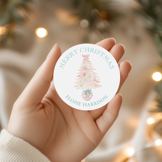 Waterverf Roze Kerstboom Grandmillennial Ronde Sticker