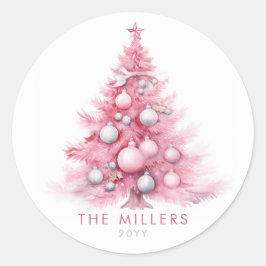 Waterverf  Roze Kerstboom Modern Ronde Sticker