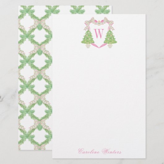 Waterverf Roze Kerstboom Monogram Crest Briefpapier (Voorkant / Achterkant)