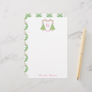 Waterverf Roze Kerstboom Monogram Crest Briefpapier