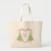 Waterverf Roze Kerstboom Monogram Crest Grote Tote Bag (Voorkant)