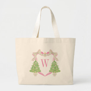 Waterverf Roze Kerstboom Monogram Crest Grote Tote Bag