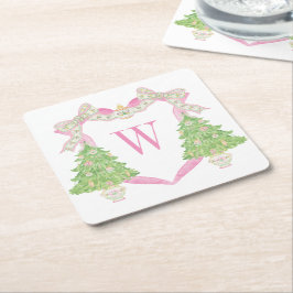 Waterverf Roze Kerstboom Monogram Crest Kartonnen Onderzetters
