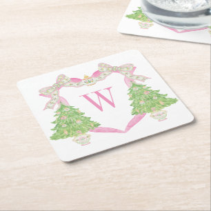 Waterverf Roze Kerstboom Monogram Crest Kartonnen Onderzetters