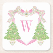 Waterverf Roze Kerstboom Monogram Crest Kartonnen Onderzetters (Voorkant)