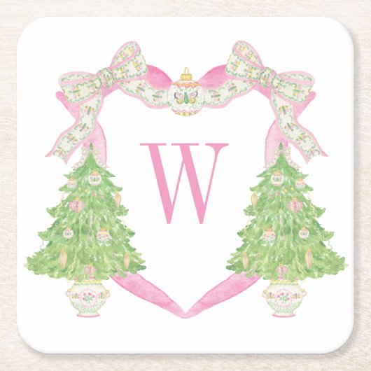 Waterverf Roze Kerstboom Monogram Crest Kartonnen Onderzetters (Voorkant)