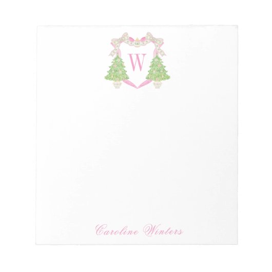 Waterverf Roze Kerstboom Monogram Crest Notitieblok (Voorkant)