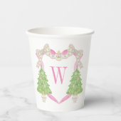 Waterverf Roze Kerstboom Monogram Crest Papieren Bekers (Voorkant)
