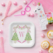Waterverf Roze Kerstboom Monogram Crest Papieren Bordje (Feest)