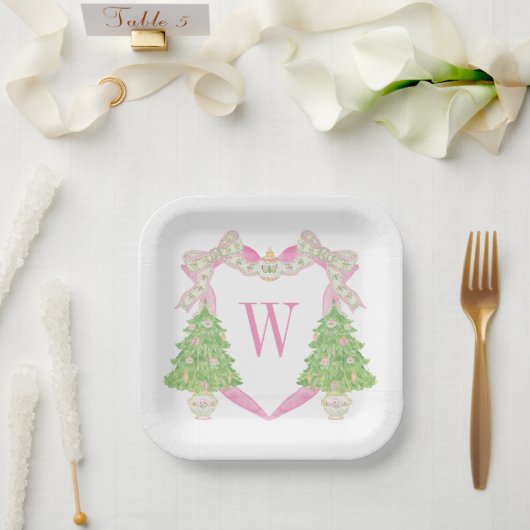 Waterverf Roze Kerstboom Monogram Crest Papieren Bordje (Huwelijk)