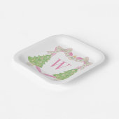 Waterverf Roze Kerstboom Monogram Crest Papieren Bordje (Gebogen)
