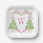 Waterverf Roze Kerstboom Monogram Crest Papieren Bordje (Voorkant)