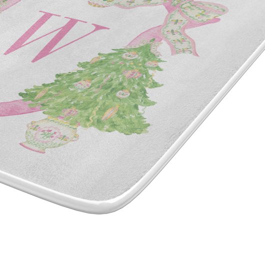 Waterverf Roze Kerstboom Monogram Crest Snijplank (Hoek)