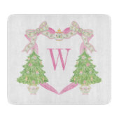 Waterverf Roze Kerstboom Monogram Crest Snijplank (Voorkant)