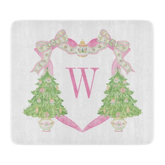 Waterverf Roze Kerstboom Monogram Crest Snijplank (Voorkant)