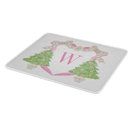 Waterverf Roze Kerstboom Monogram Crest Snijplank (Hoek)