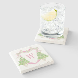 Waterverf Roze Kerstboom Monogram Crest Stenen Onderzetter