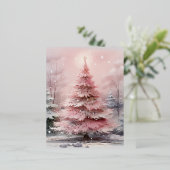 Waterverf Roze Kerstboom Scène Folie Feestdagen Briefkaart (Staand Voorkant)