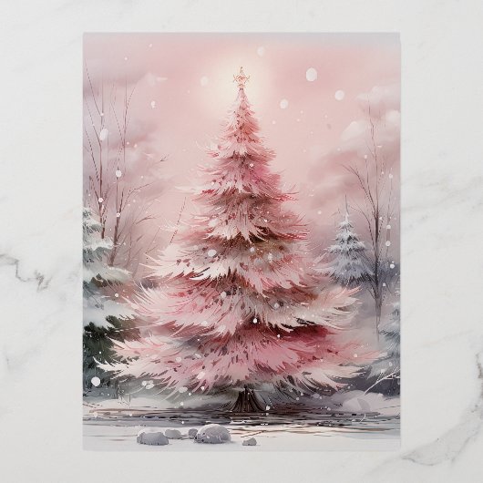 Waterverf Roze Kerstboom Scène Folie Feestdagen Briefkaart (Voorkant)