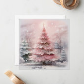 Waterverf Roze Kerstboom Scène Notitiekaartje (Voorkant / Achterkant in situ)