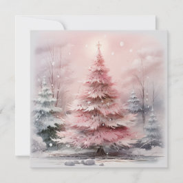 Waterverf Roze Kerstboom Scène Notitiekaartje