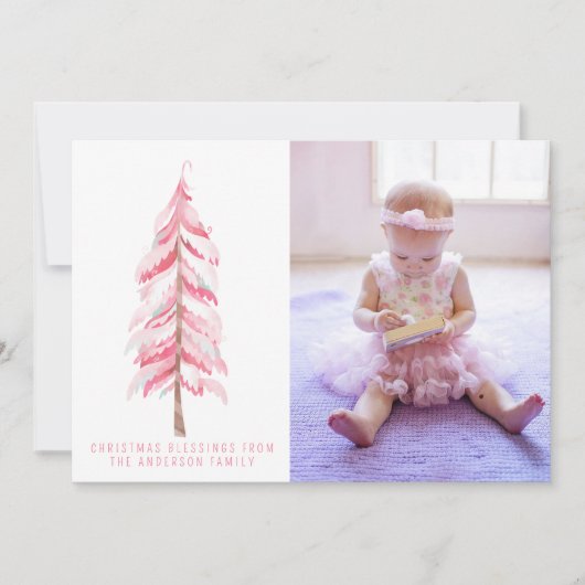 Waterverf Roze kerstboomfotokaart Feestdagenkaart (Voorkant)