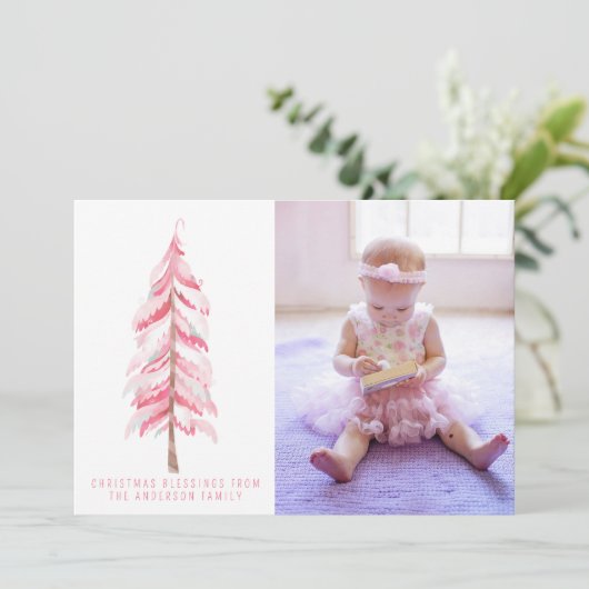 Waterverf Roze kerstboomfotokaart Feestdagenkaart (Staand voorkant)