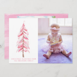Waterverf Roze kerstboomfotokaart Feestdagenkaart