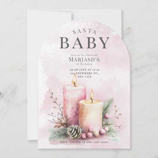 waterverf Roze Kerstkaarsen 1e verjaardag Kaart (Voorkant)