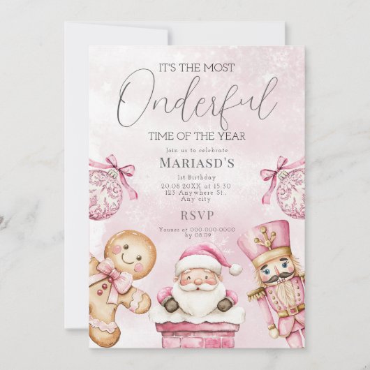 waterverf Roze Kerstman 1e geboortedag Kaart (Voorkant)