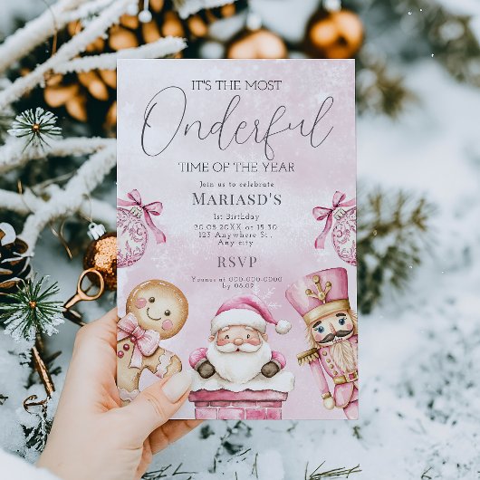 waterverf Roze Kerstman 1e geboortedag Kaart