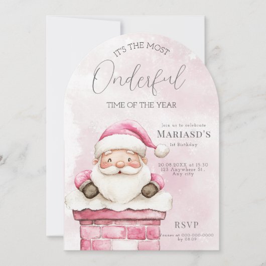 waterverf Roze Kerstman 1e geboortedag Kaart (Voorkant)