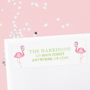 Waterverf Roze Kerstman Flamingo Kerstadres Etiket