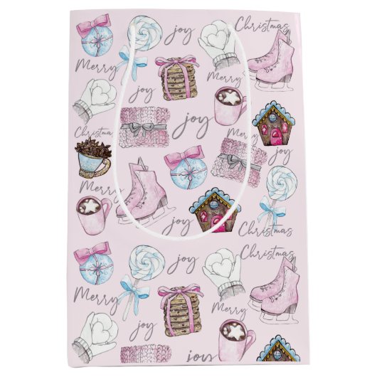 Waterverf Roze kerstmis Medium Cadeauzakje (Voorkant)