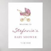 Waterverf Roze kinderwagen Boy Baby shower Poster (Voorkant)