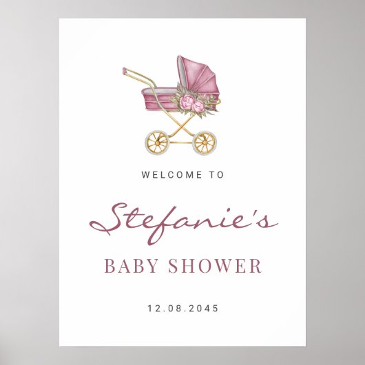 Waterverf Roze kinderwagen Boy Baby shower Poster (Voorkant)