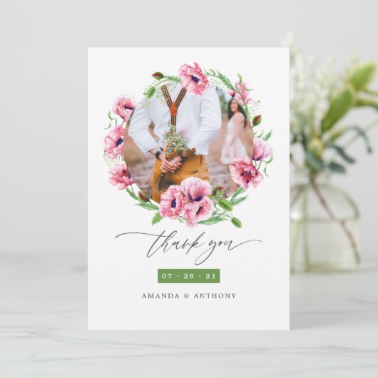 Waterverf roze klaprozen bruiloft foto collage bedankkaart (Staand voorkant)