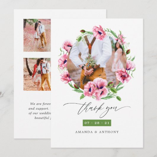 Waterverf roze klaprozen bruiloft foto collage bedankkaart (Voorkant / Achterkant)