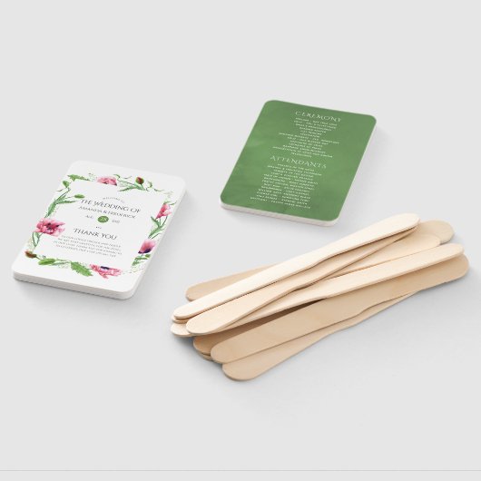 Waterverf roze klaprozen bruiloft programma handwaaier (Niet-gemonteerd)