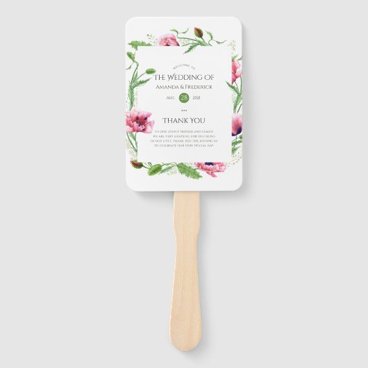 Waterverf roze klaprozen bruiloft programma handwaaier (Voorkant)