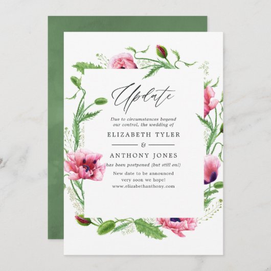 Waterverf roze klaprozen bruiloft update kaart (Voorkant / Achterkant)