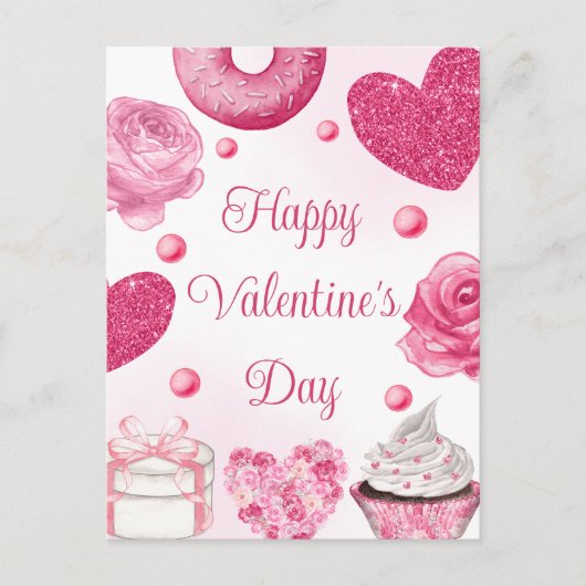 Waterverf Roze koekjes en behandelde Valentijnsdag Feestdagenkaart (Voorkant)