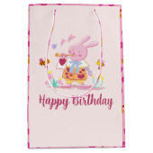 Waterverf roze konijn in de tuin verjaardag medium cadeauzakje (Voorkant)