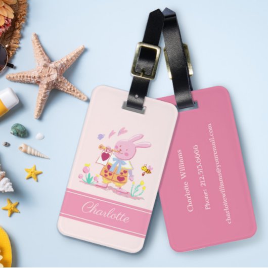 waterverf roze konijntje & bij in tuin Monogram Bagagelabel