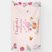 waterverf roze konijntje in de tuin kids birthday spandoek (Verticaal)